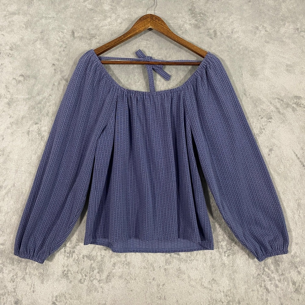 Madewell Blouse Sz M Blue Geometric Stripe Balloon Sleeve Peasant Cottagecore